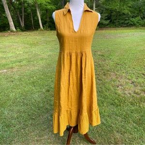 VOILA BORGHI DRESS MIDI GOLD LINEN SLEEVELESS LACE HEM HIGH WAIST ITALY SIZE S